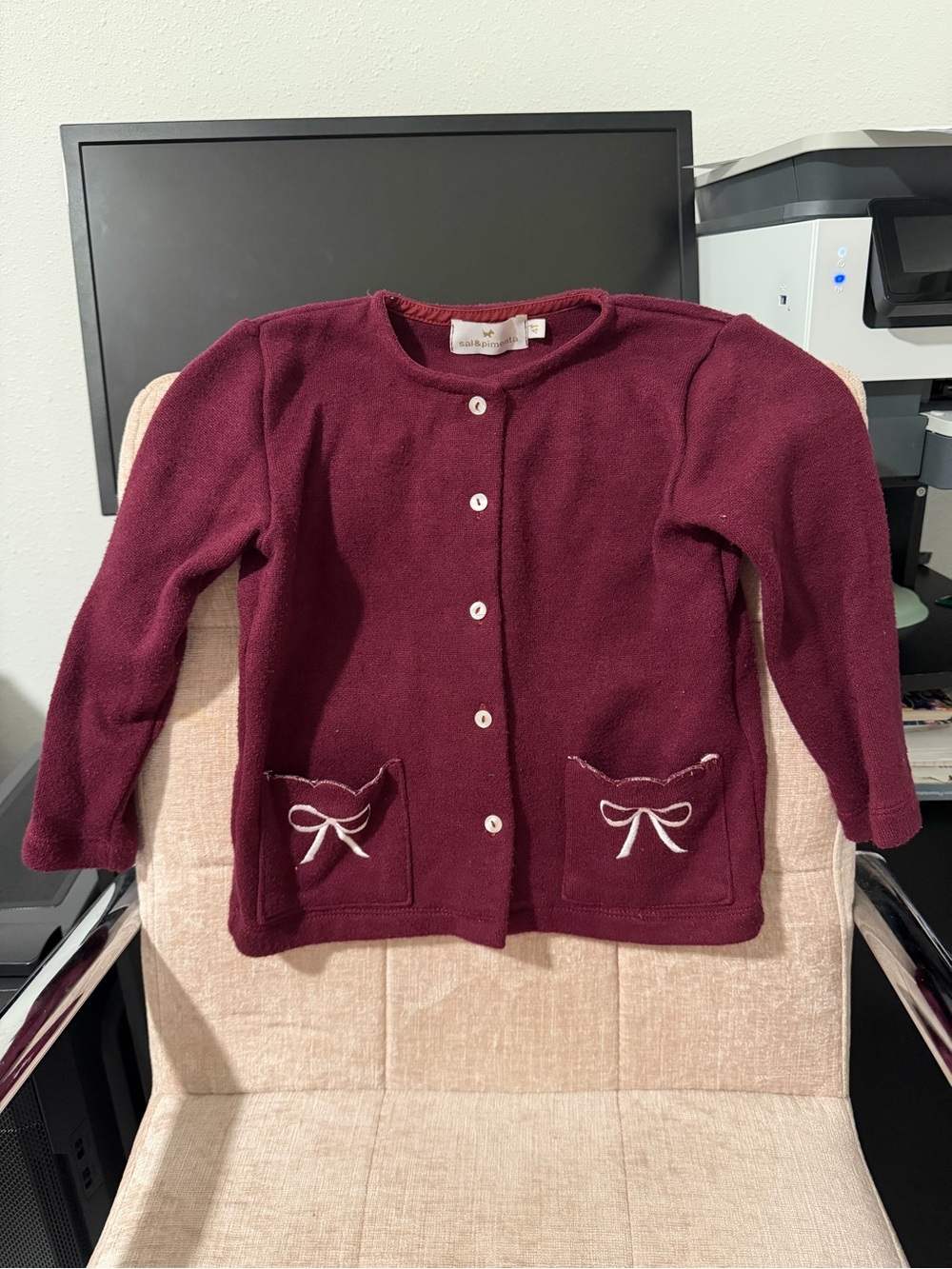 Girls' Maroon Knit Cardigan with Bow-Trim Pockets